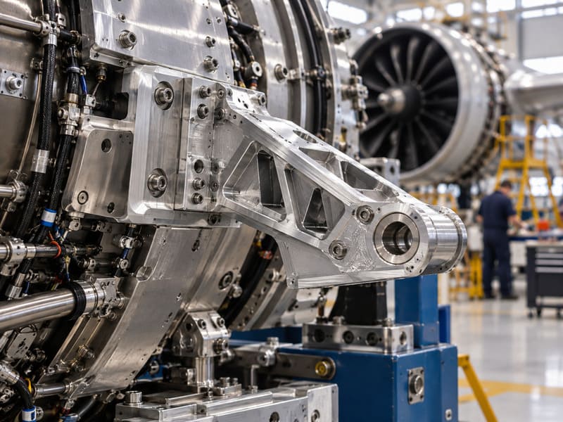 Precision machined aluminum mounting bracket and mechanical components near an aircraft jet engine assembly Precision machined aluminum mounting bracket and mechanical components near an aircraft jet engine assembly