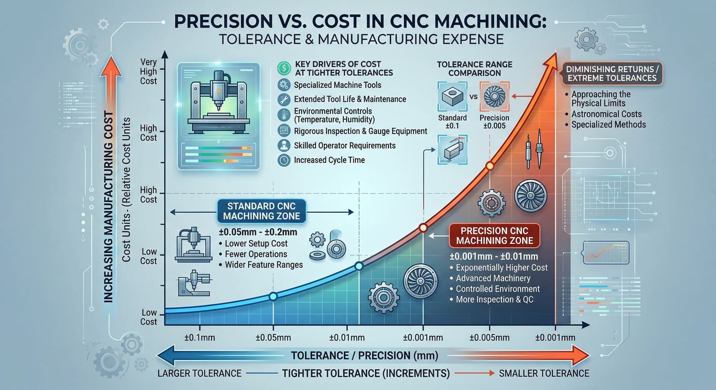 CNC machining accuracy vs. cost curve precision CNC machining vs standard CNC cost and tolerance comparison chart
