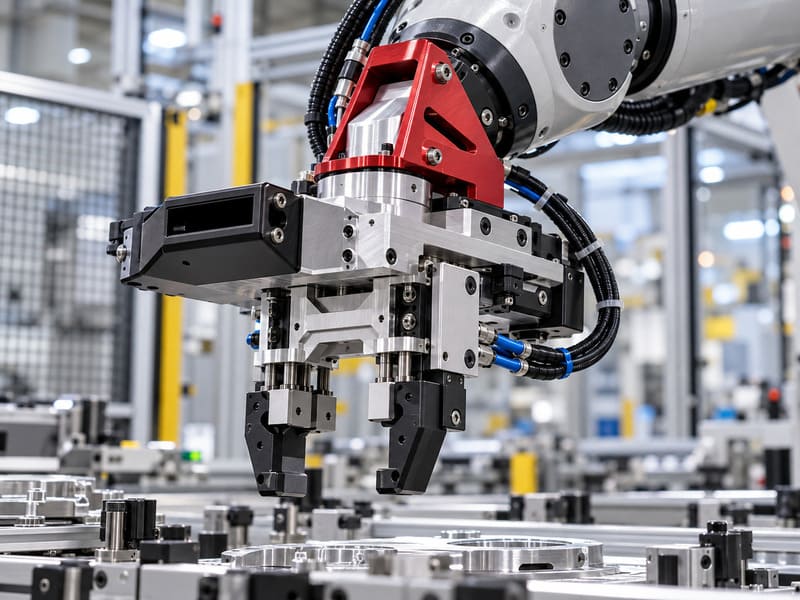 Industrial robotic gripper handling precision metal components on an automated manufacturing line Industrial robotic gripper handling precision metal components on an automated manufacturing line
