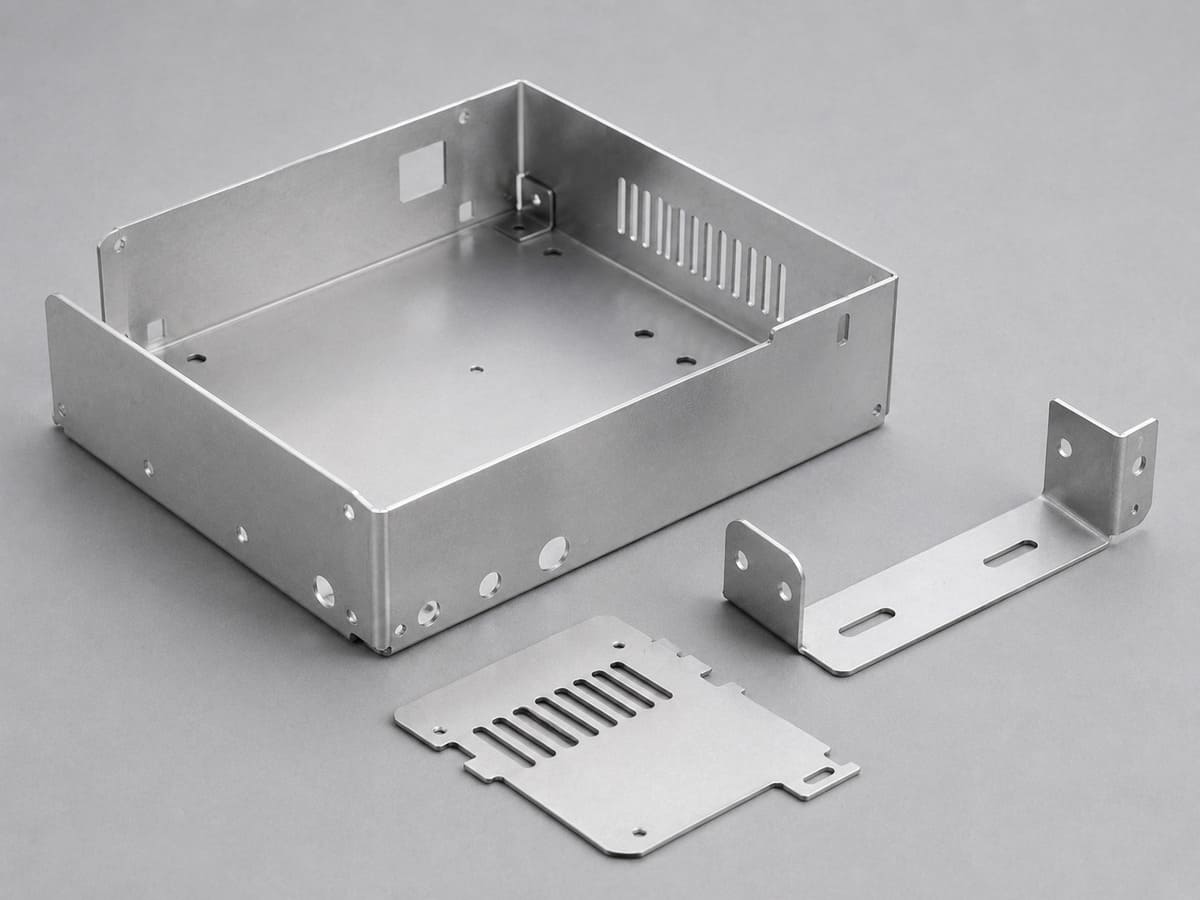 5052-H32 aluminum bent sheet metal enclosure with formed flanges and brackets 5052-H32 aluminum bent sheet metal enclosure with formed flanges and brackets