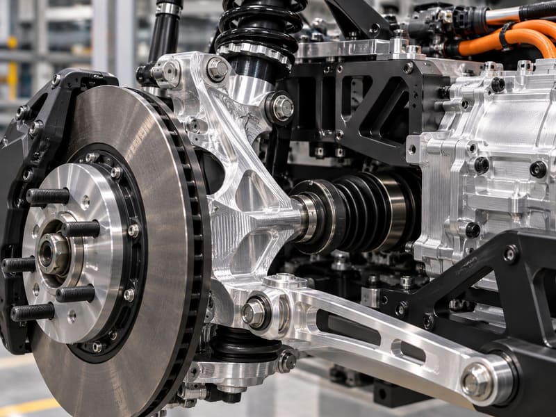 Automotive suspension and drivetrain assembly with precision machined metal components and brake system Automotive suspension and drivetrain assembly with precision machined metal components and brake system
