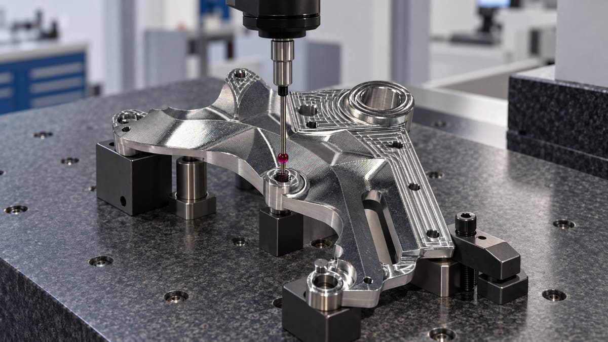 Inspecting a precision CNC-machined aluminum alloy bracket using a coordinate measuring machine (CMM). Inspecting a precision CNC-machined aluminum alloy bracket using a coordinate measuring machine (CMM).