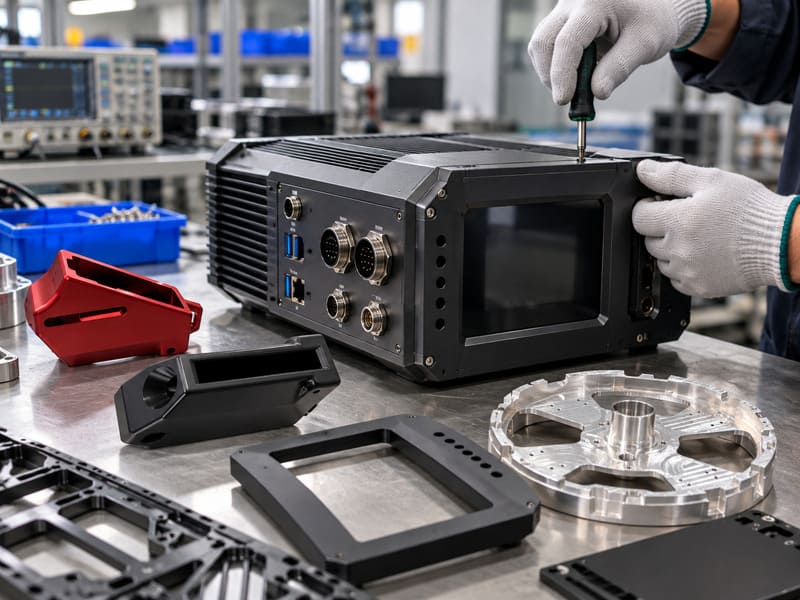 Technician assembling industrial electronic equipment with custom metal enclosures and precision machined components Technician assembling industrial electronic equipment with custom metal enclosures and precision machined components