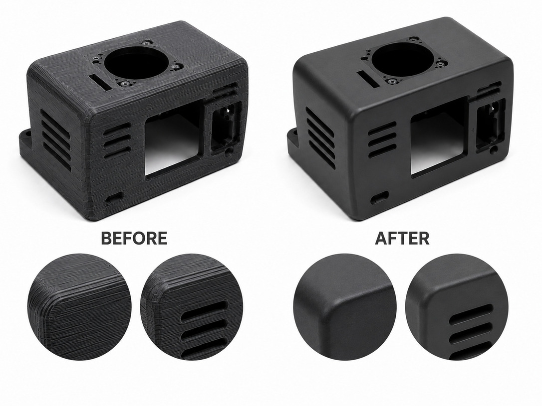 Before and after vapor smoothing for ABS FDM 3D printed plastic parts
