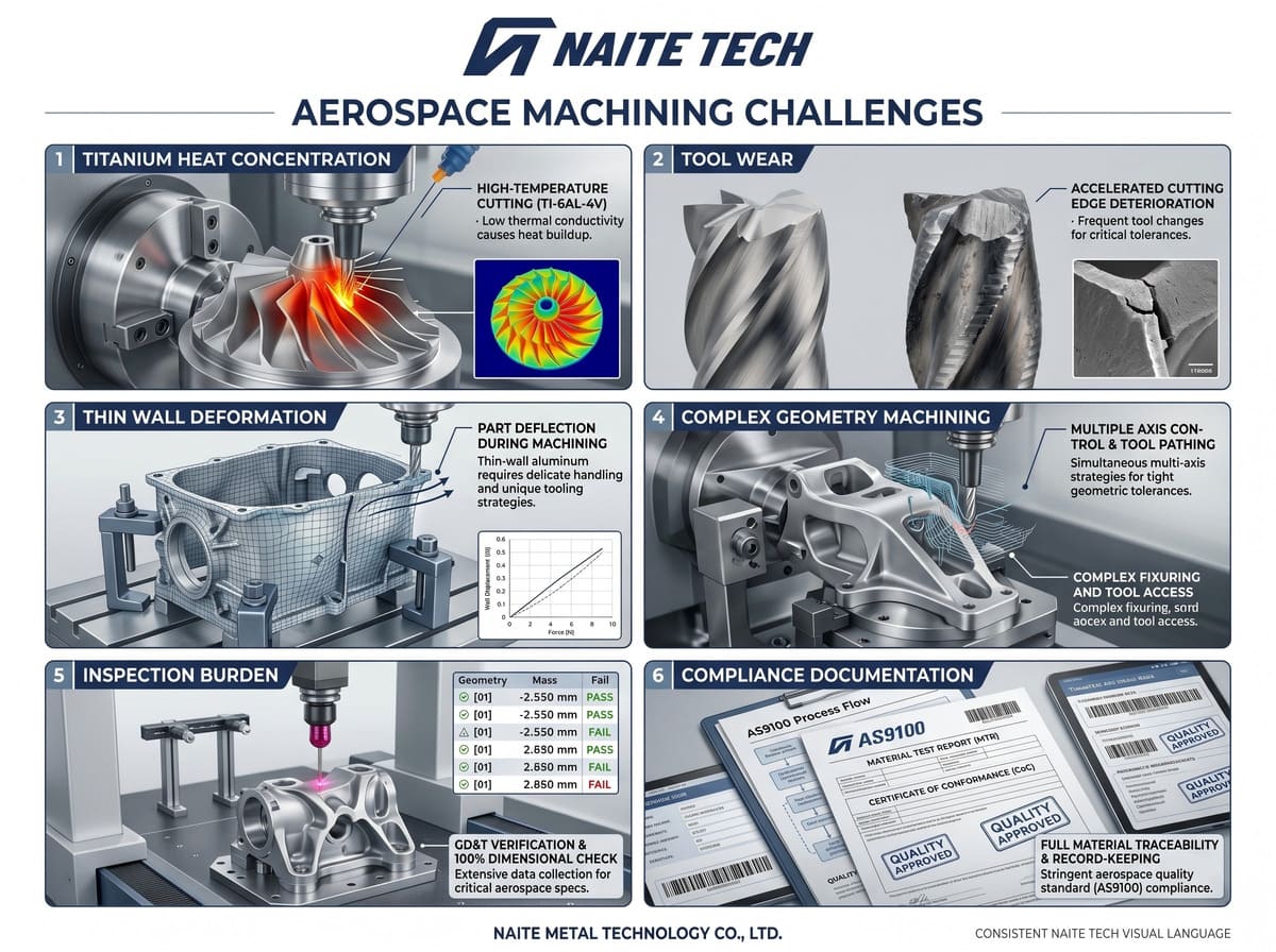 Challenges in aerospace CNC machining including titanium machining tool wear thin wall distortion and inspection requirements.jpg