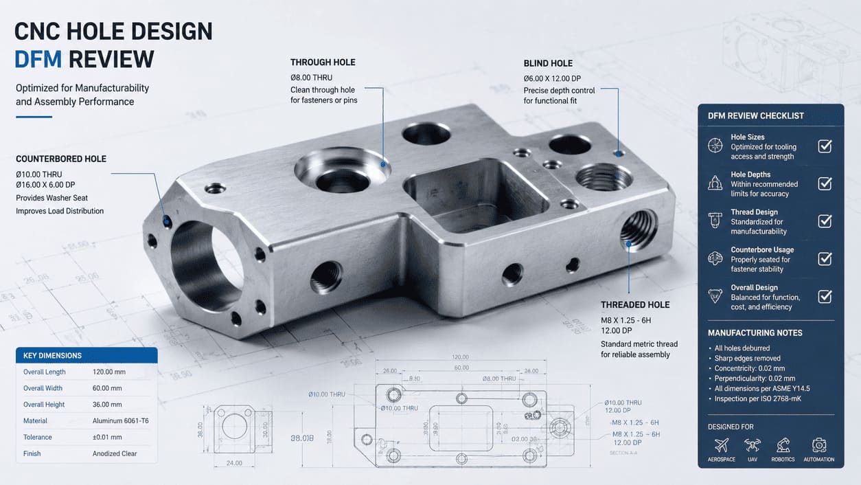 CNC machined aluminum component showing through holes, blind holes, and threaded hole design features.jpg