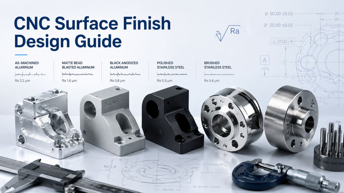CNC surface finish design guide showing machined parts with different surface roughness and finishing options