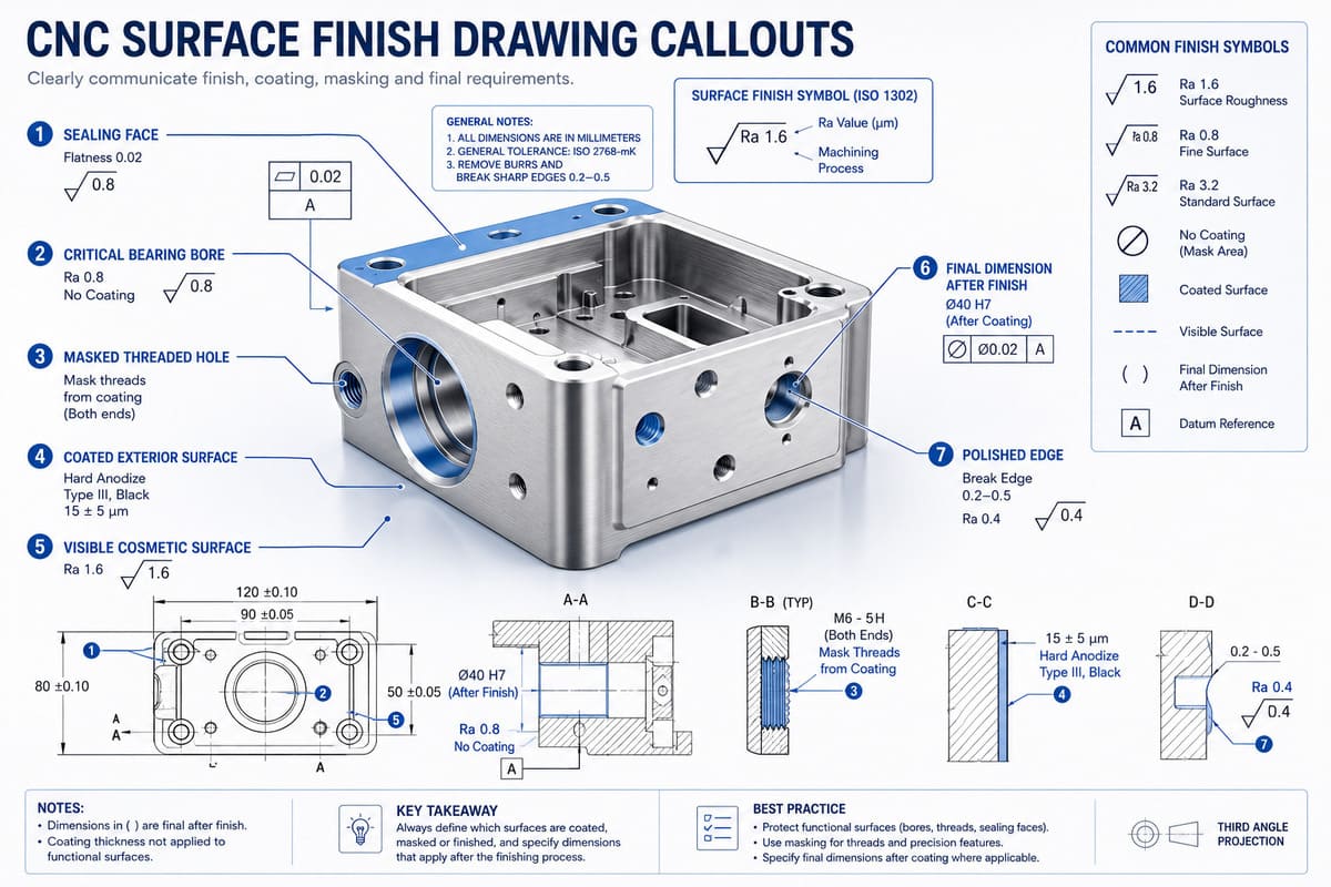 Engineering drawing callouts for CNC surface finish, Ra value, masking, and coating requirements