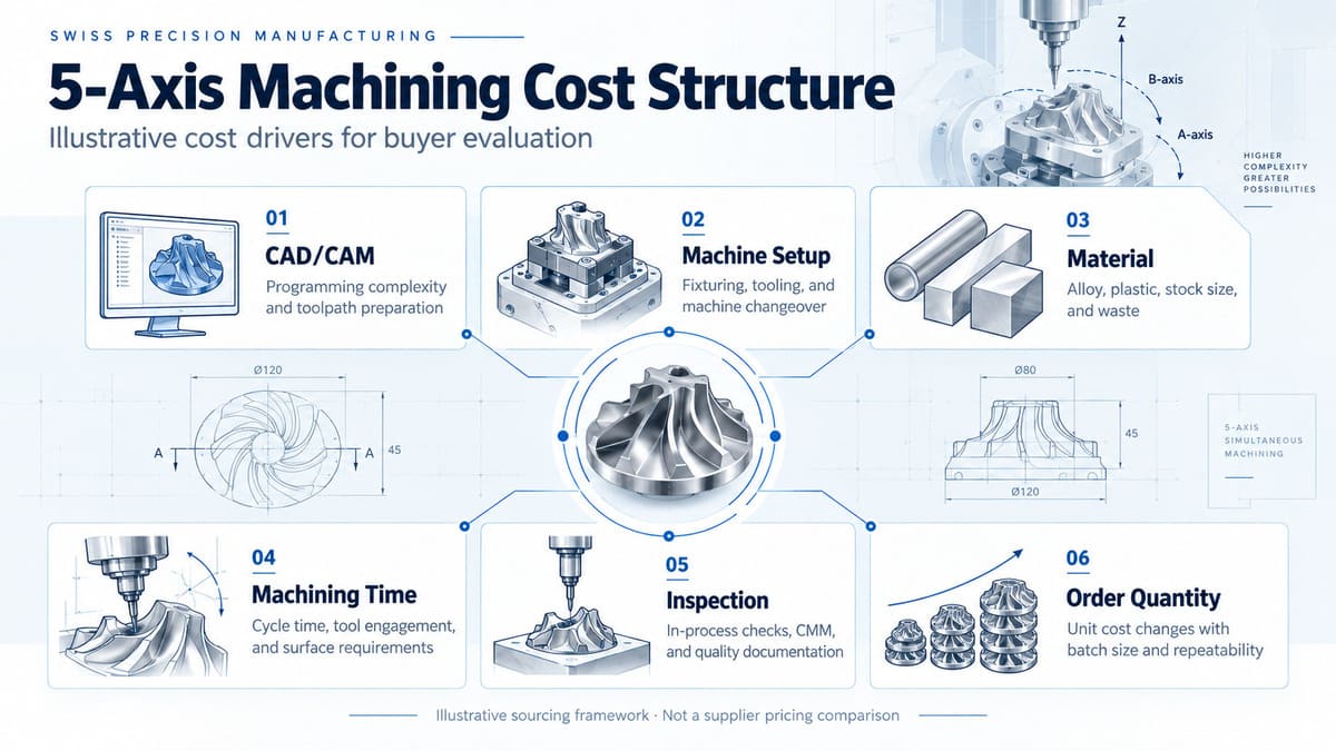 Six factors affecting five-axis CNC machining costs including setup, material and inspection.jpg