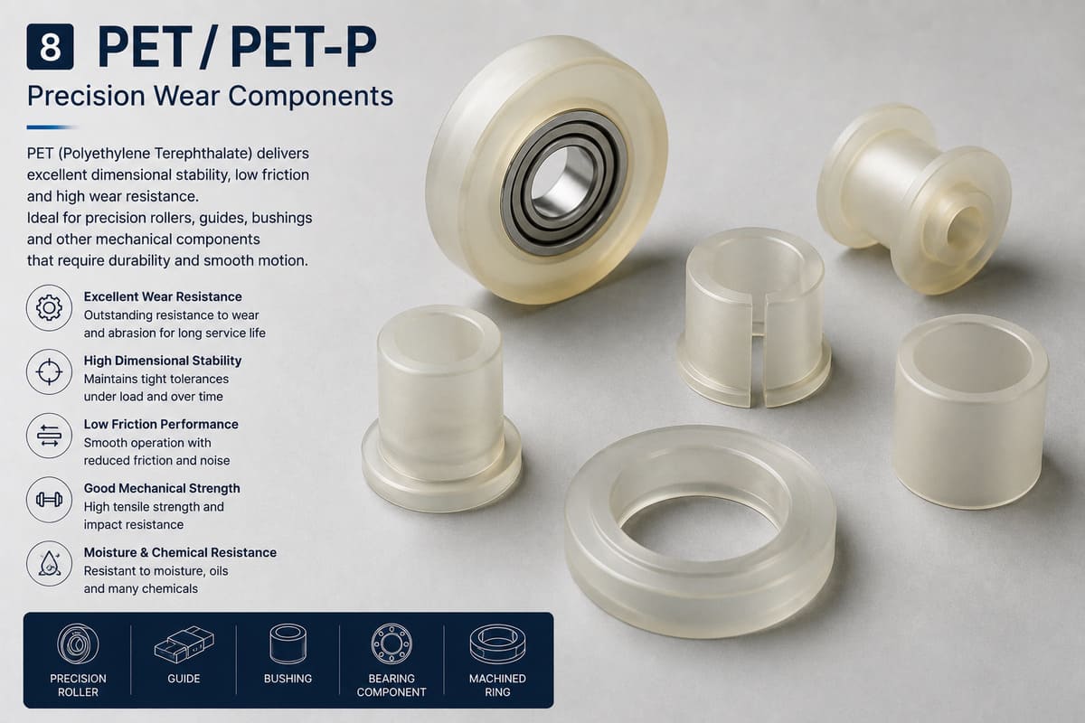 PET engineering plastic rollers and guides for precision wear applications