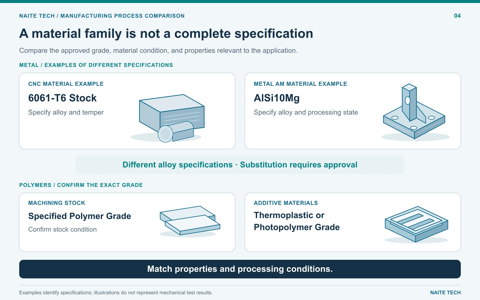 Material grades and conditions compared for machining and additive manufacturing.webp