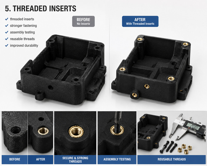 SLS nylon parts with threaded inserts for stronger fastening and assembly testing