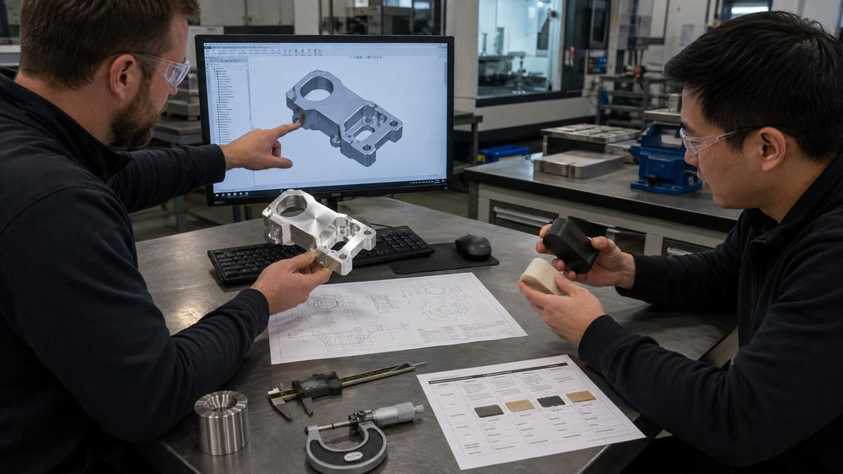 Ingenieure &uuml;berpr&uuml;fen ein CAD-Modell, kundenspezifische Teile und Materialproben