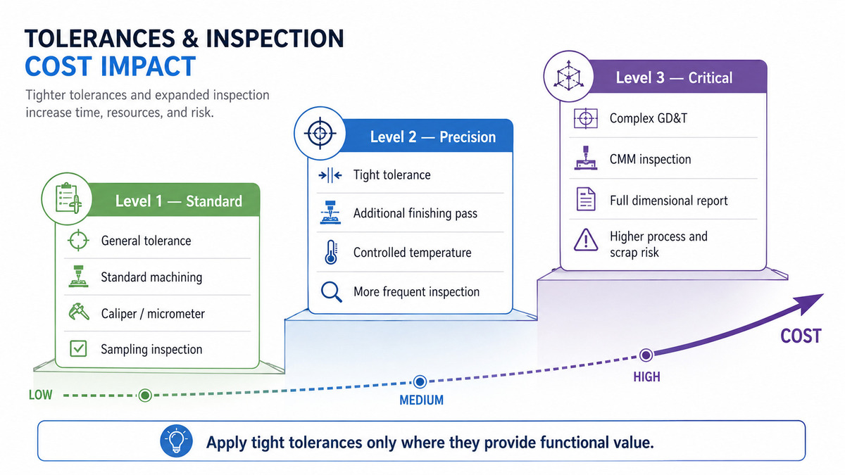 How tighter CNC tolerances increase finishing passes, process control, inspection requirements, and manufacturing risk.jpg