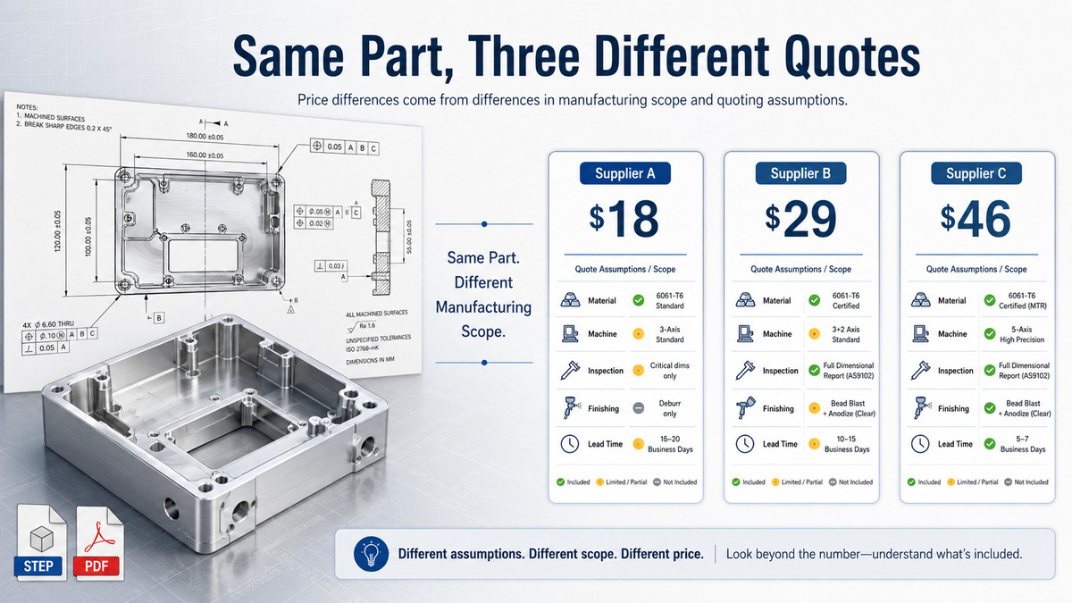 The same CNC machined part receiving three different supplier quotes because of different material, machining, inspection and finishing assumptions..jpg
