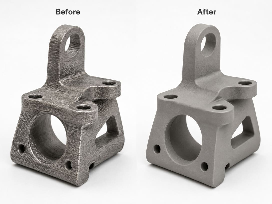 Bead blasted metal 3D printed parts with a uniform matte surface finish