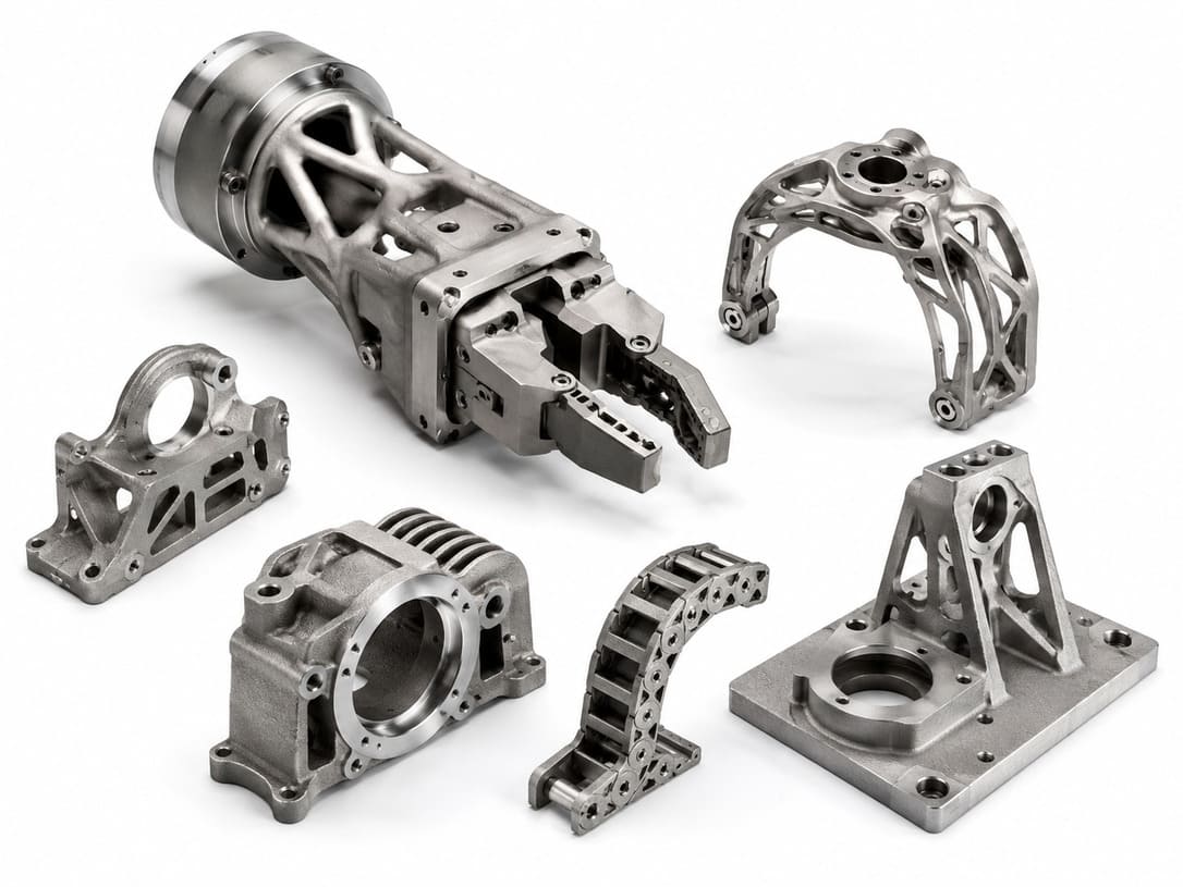 Metal 3D printed robotics and automation parts including lightweight grippers and sensor mounts