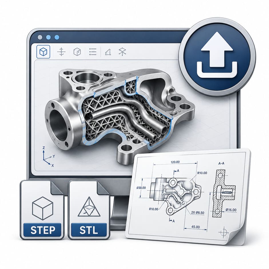 Upload CAD files and engineering drawings for metal 3D printing