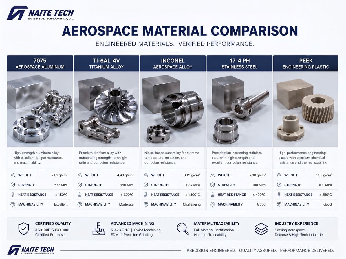 Aerospace CNC machining materials including aluminum titanium Inconel stainless steel and engineering plastics.jpg