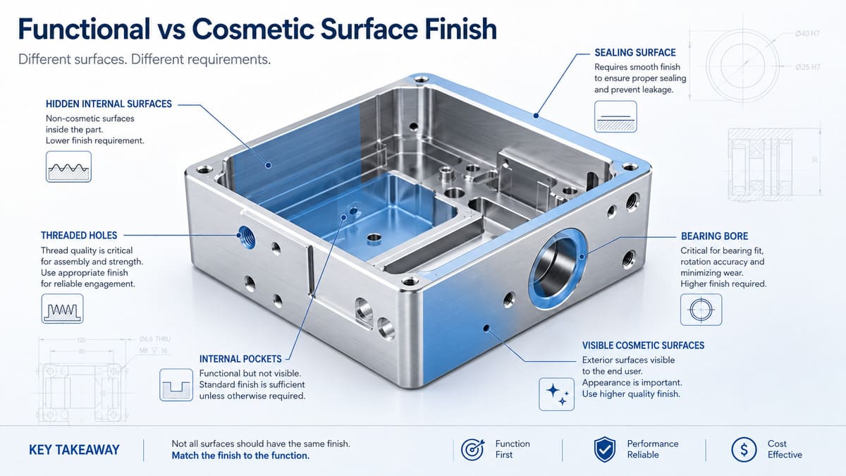 Functional and cosmetic surface finish areas on a CNC machined part