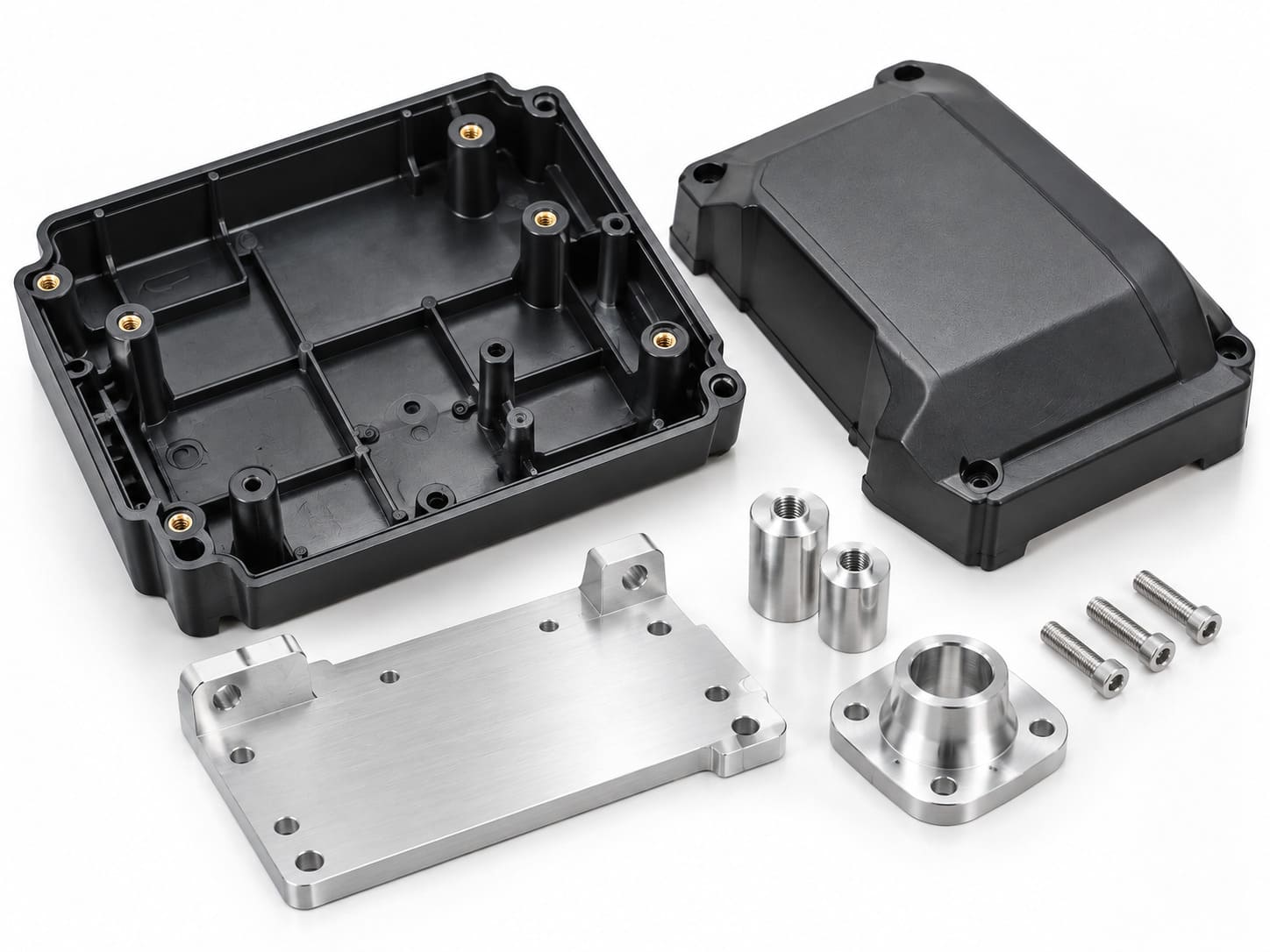 Injection molded plastic housing with precision metal components