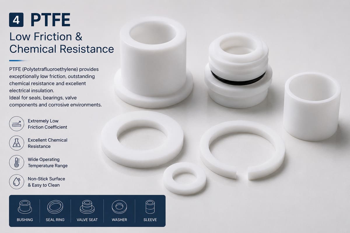 PTFE bushings and seals for low-friction and chemical-resistant applications