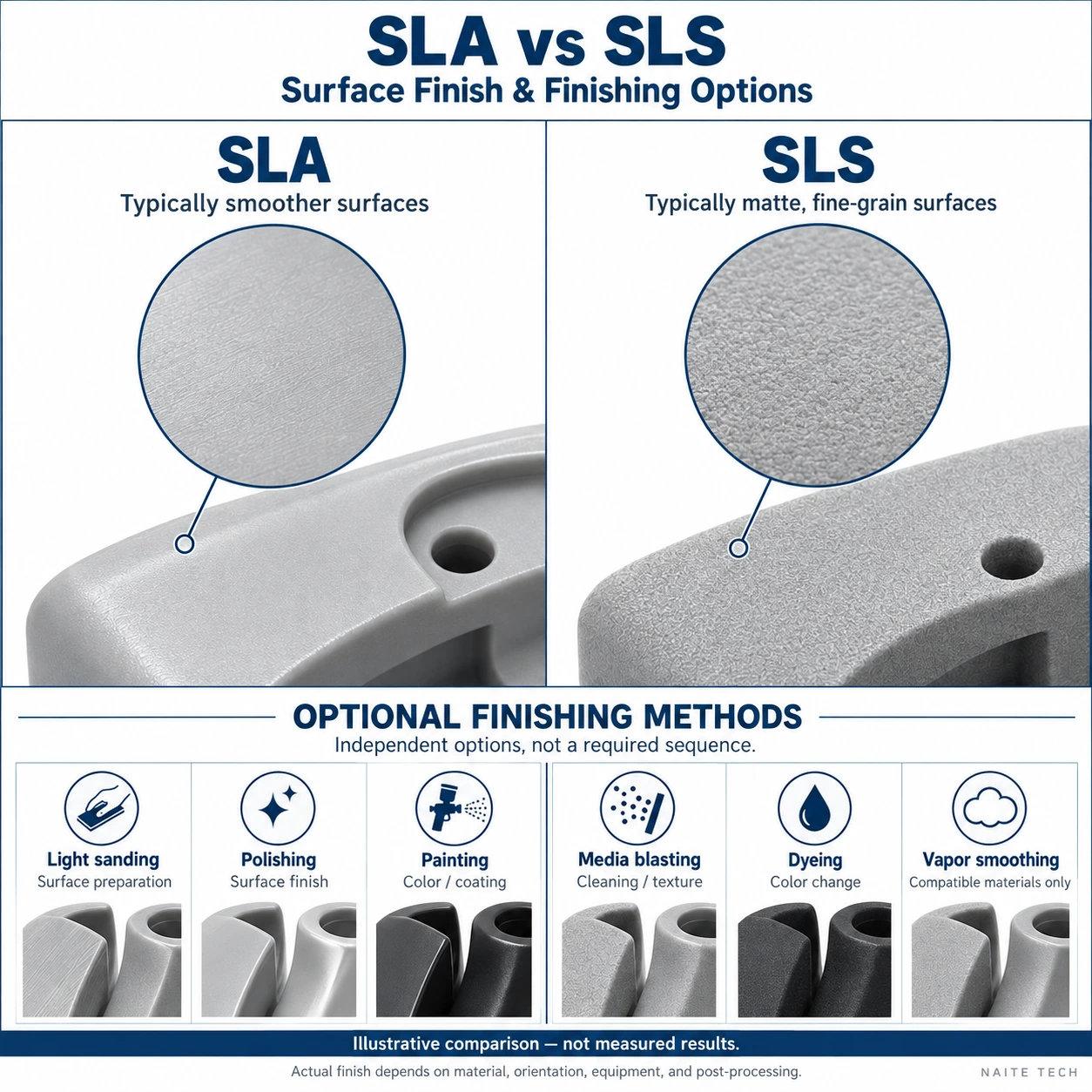 SLA vs SLS surface finish and finishing options.