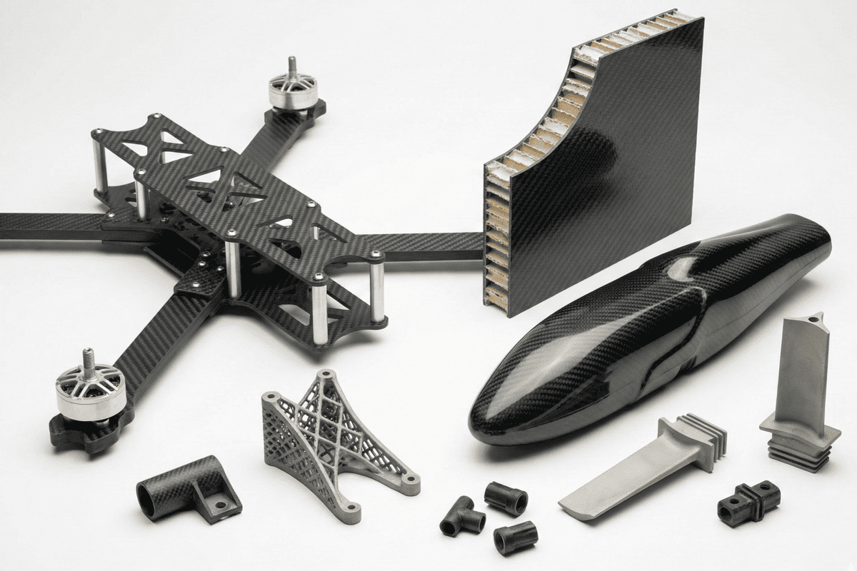 Aerospace components made of composite materials and advanced materials