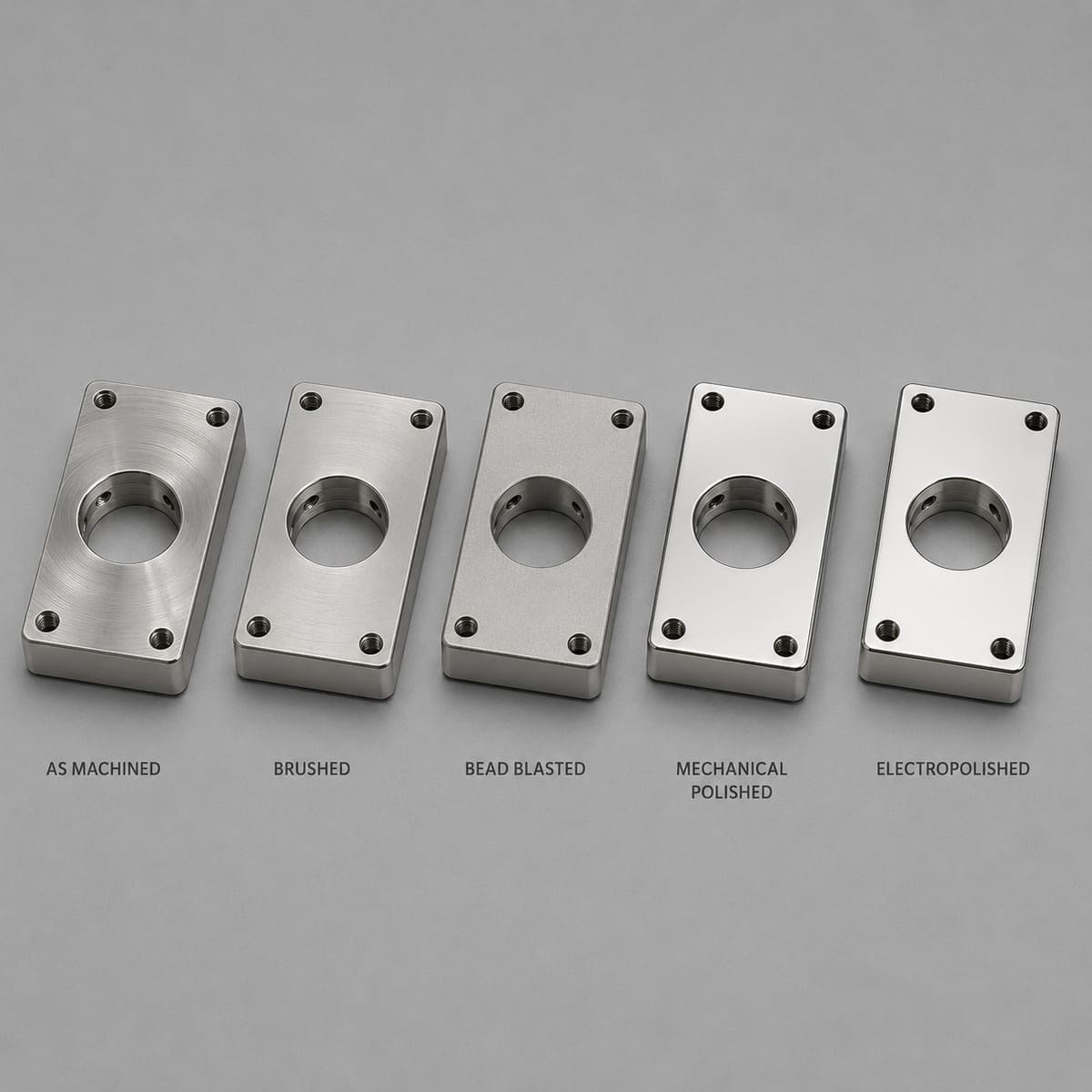 Same stainless steel part with machined, brushed, bead-blasted, polished and electropolished finishes