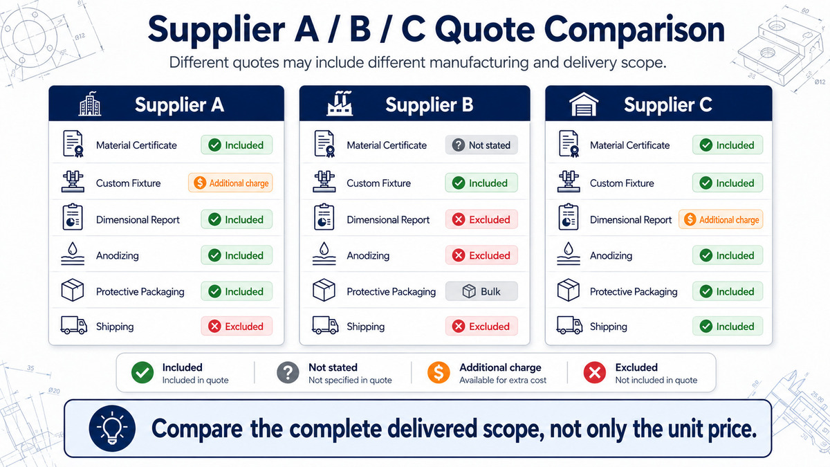 Comparison of three CNC supplier quotes showing differences in material certification, inspection, anodizing, packaging, shipping, and lead time.jpg