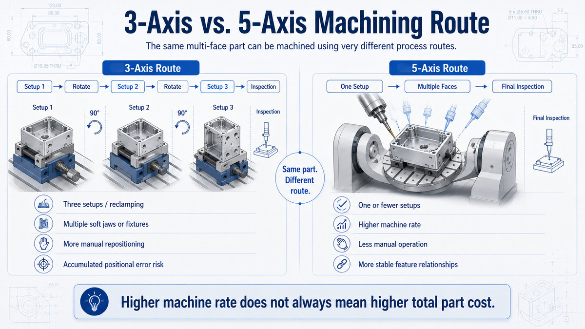 Comparison of three-axis machining with multiple setups and five-axis machining with fewer setups for the same CNC housing.jpg