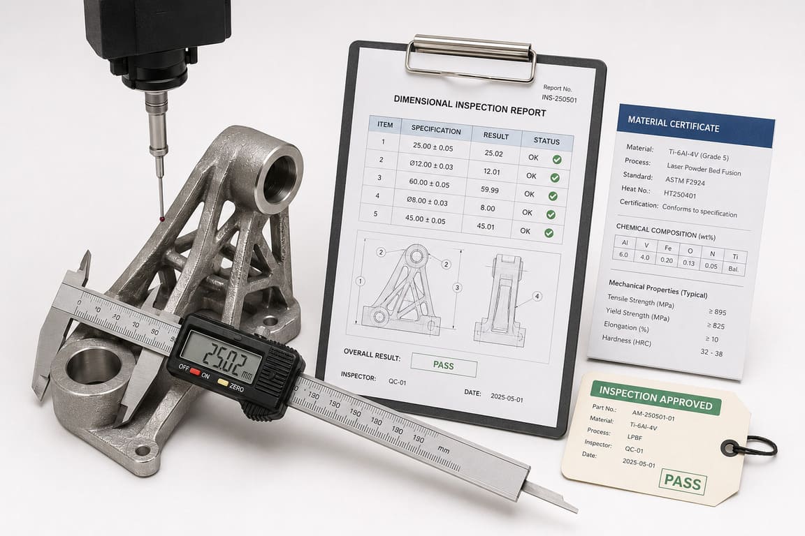 Dimensional inspection and material documentation for metal 3D printed parts