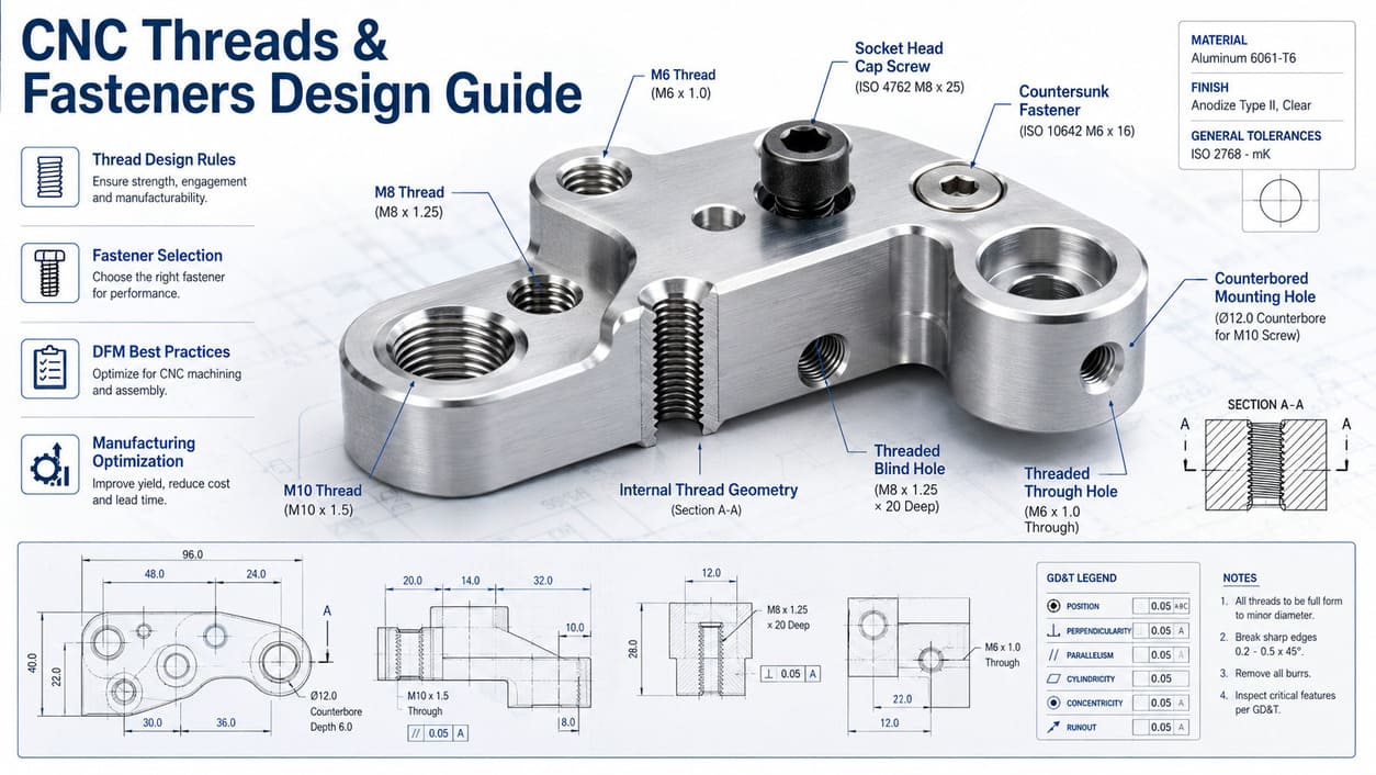 CNC threads and fasteners design guide showing threaded holes, fasteners, and precision machined aluminum components.jpg