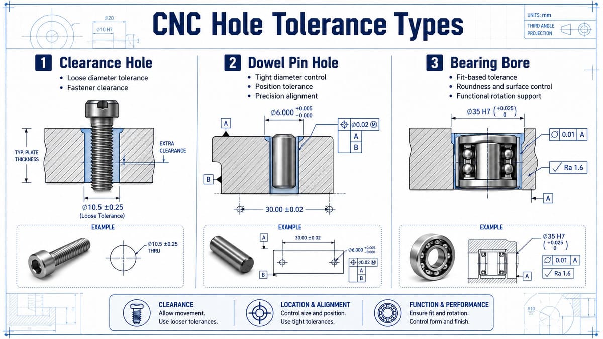 CNC hole tolerance types including clearance holes dowel pin holes and bearing bores.jpg