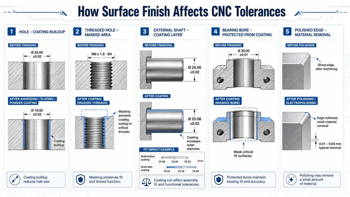 How surface finish affects CNC tolerances, coating thickness, bores, threads, and final dimensions