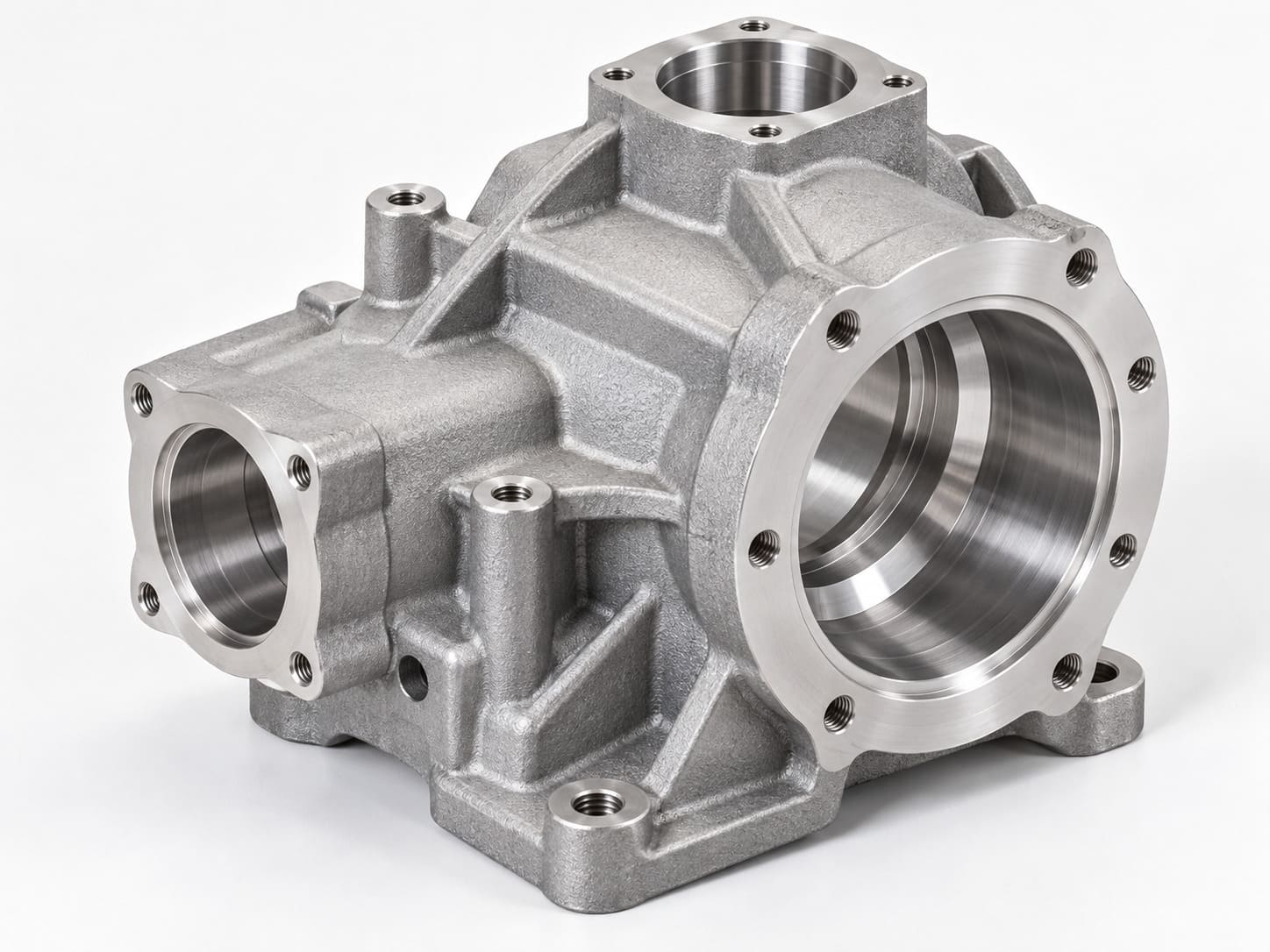 Cast aluminum housing with CNC machined bores and flanges