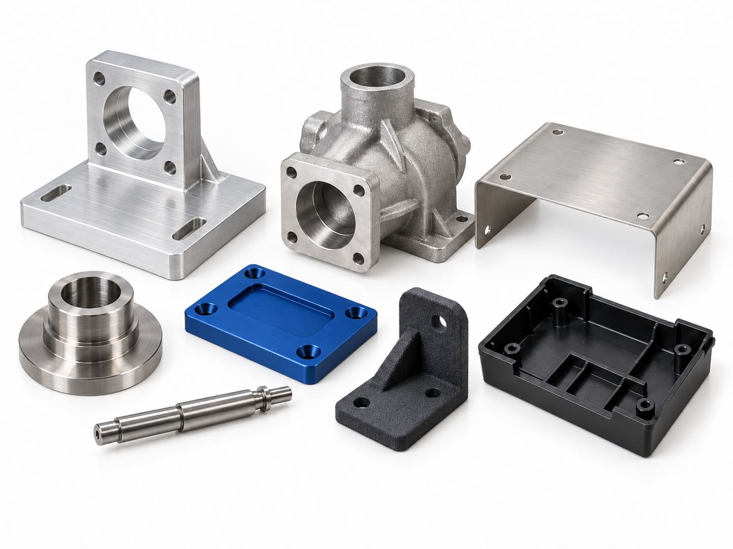 Custom CNC machined parts with sheet metal, cast, 3D-printed and injection-molded components