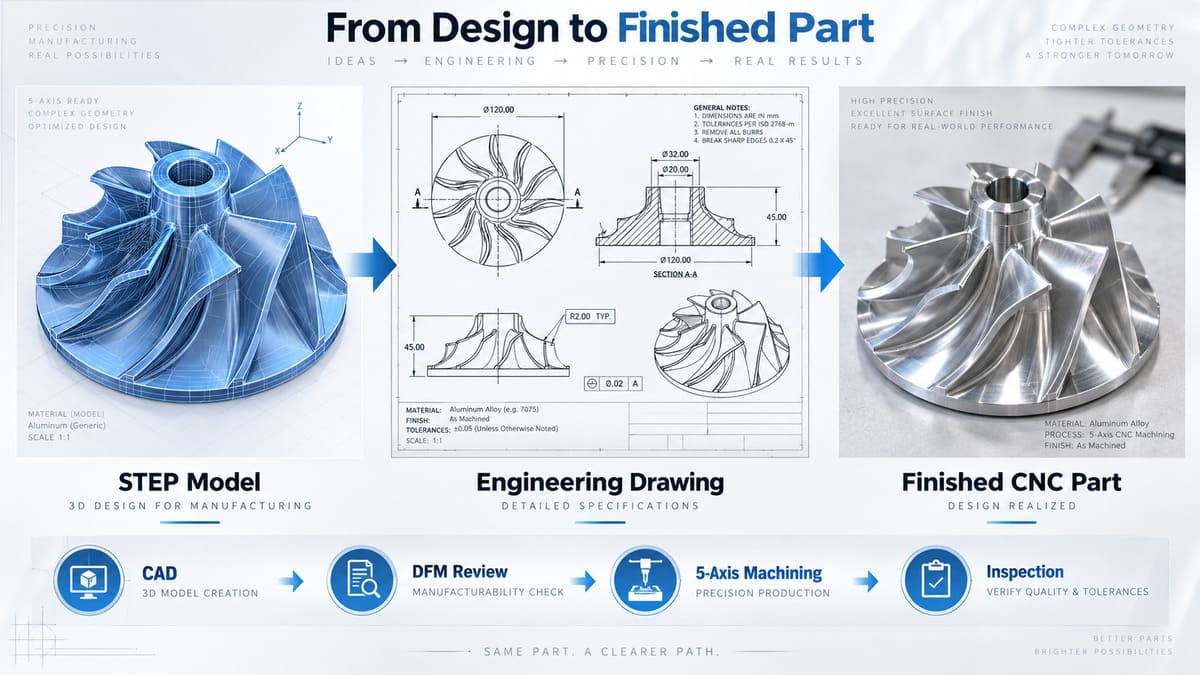 CAD model engineering drawing and finished 5-axis CNC machined part.jpg