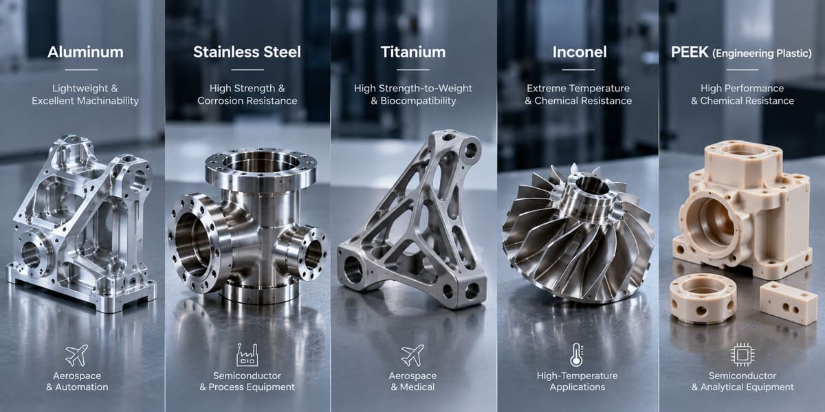 Materials for 5-axis CNC machining including aluminum titanium stainless steel and engineering plastics.jpg
