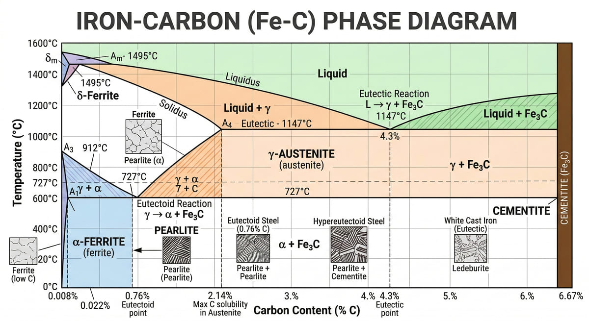 iron carbon phase diagram steel metallurgy microstructure explanation