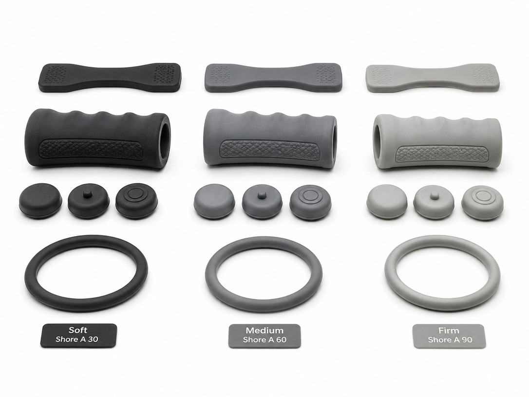 PolyJet Shore hardness options with rubber-like samples for touch feel comparison