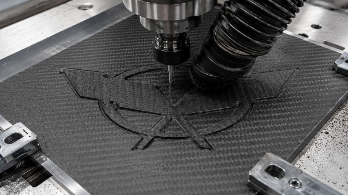 CNC cutting internal openings in a matte carbon fiber automotive emblem.jpg