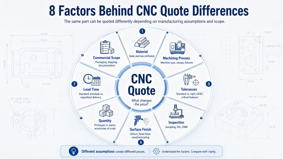 Eight factors that affect CNC machining quotes including material, process, tolerances, inspection, finishing, quantity, lead time, and scope.jpg