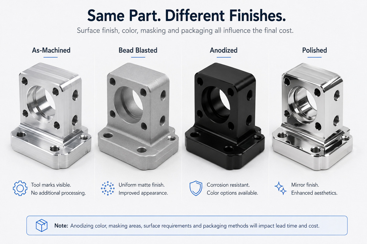 Comparison of as-machined, bead-blasted, anodized, and polished surface finishes on CNC aluminum parts.jpg