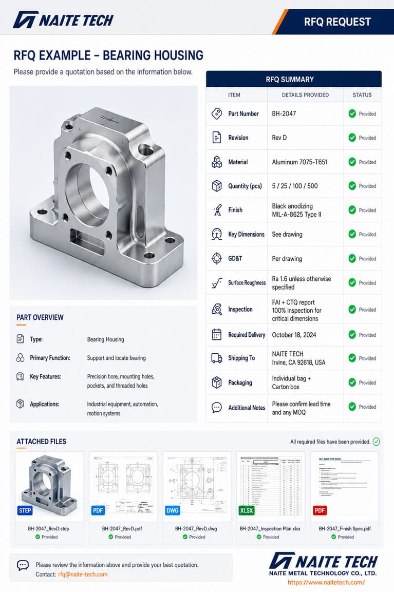 CNC machining RFQ checklist covering CAD files, materials, tolerances, finishes and inspection.jpg