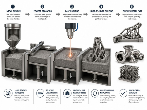 Metal 3D printing process using DMLS and SLM laser powder bed fusion technology