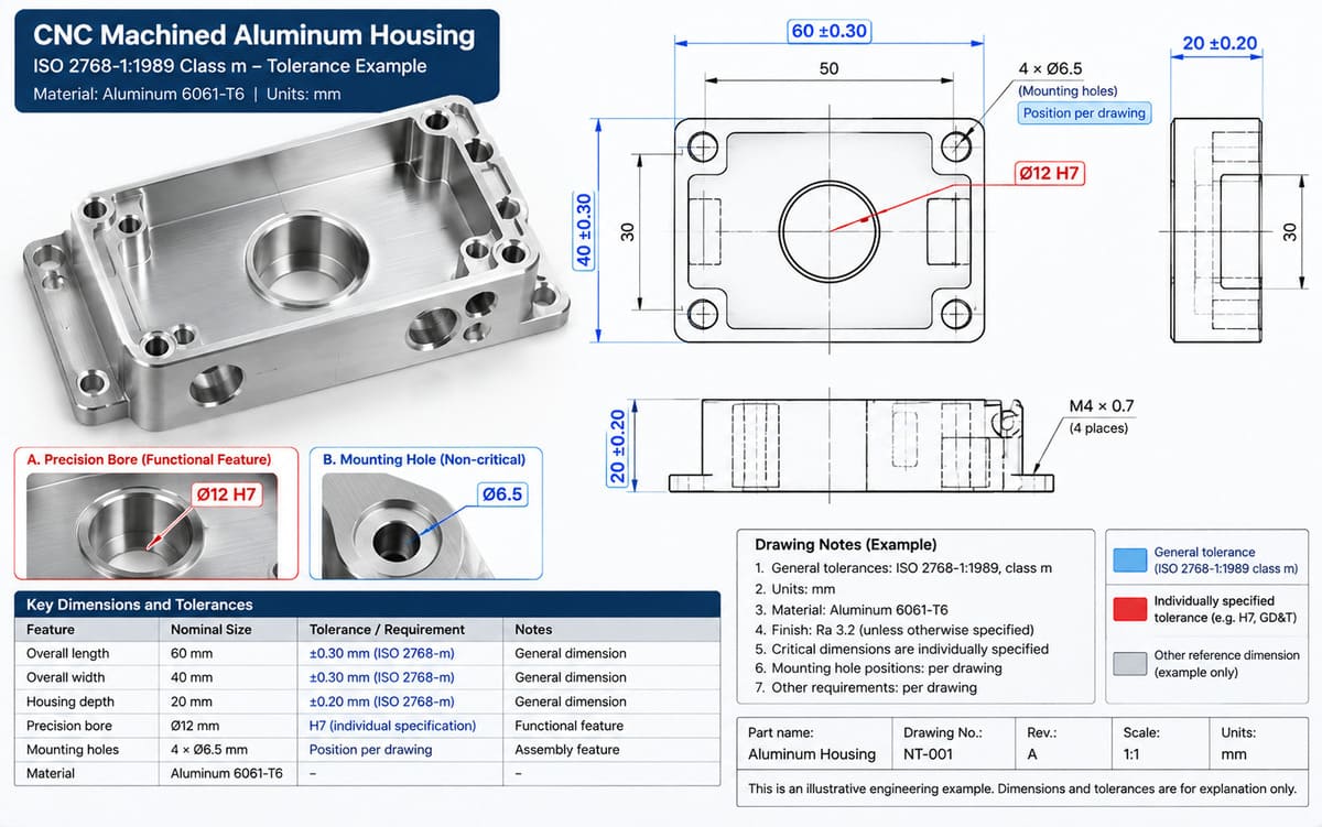 CNC machined 6061 aluminum housing drawing with ISO 2768-m general tolerances and a precision bore.jpg