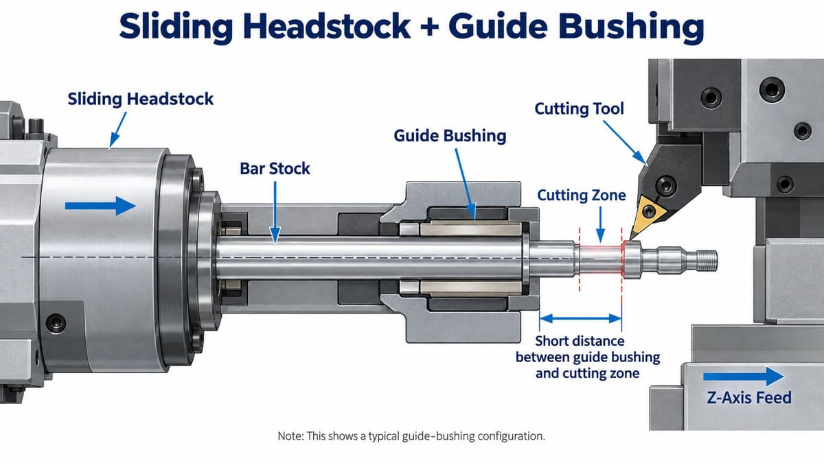 Engineering diagram showing sliding headstock and guide bushing support in Swiss CNC machining.jpg