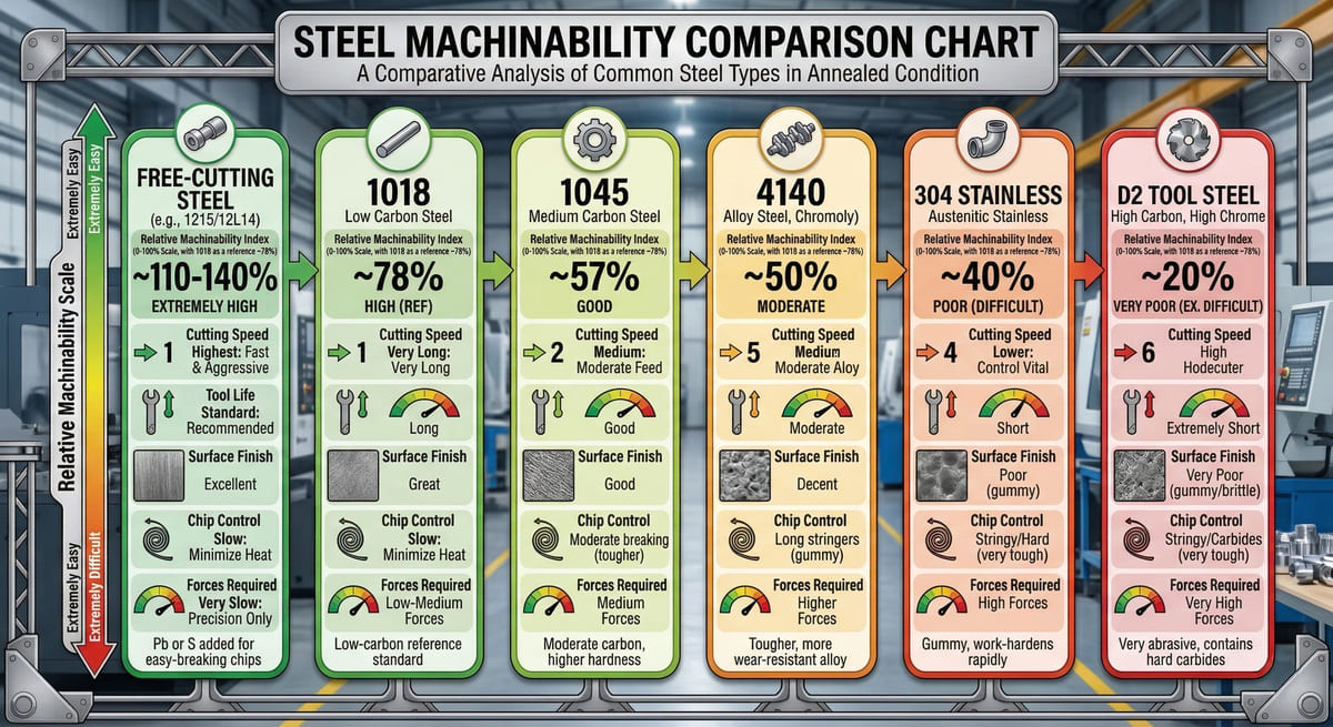 steel machinability comparison chart free cutting steel 1018 1045 4140 stainless steel