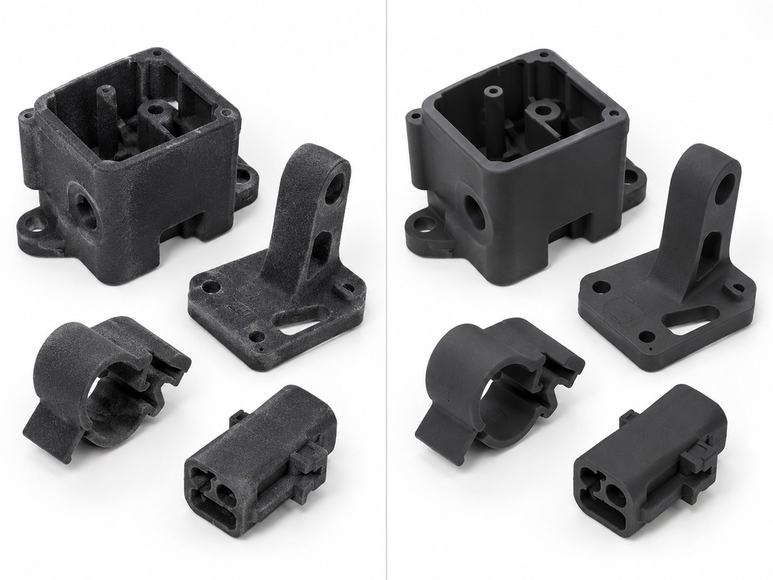 Bead blasted MJF nylon parts with clean fine textured surface finish